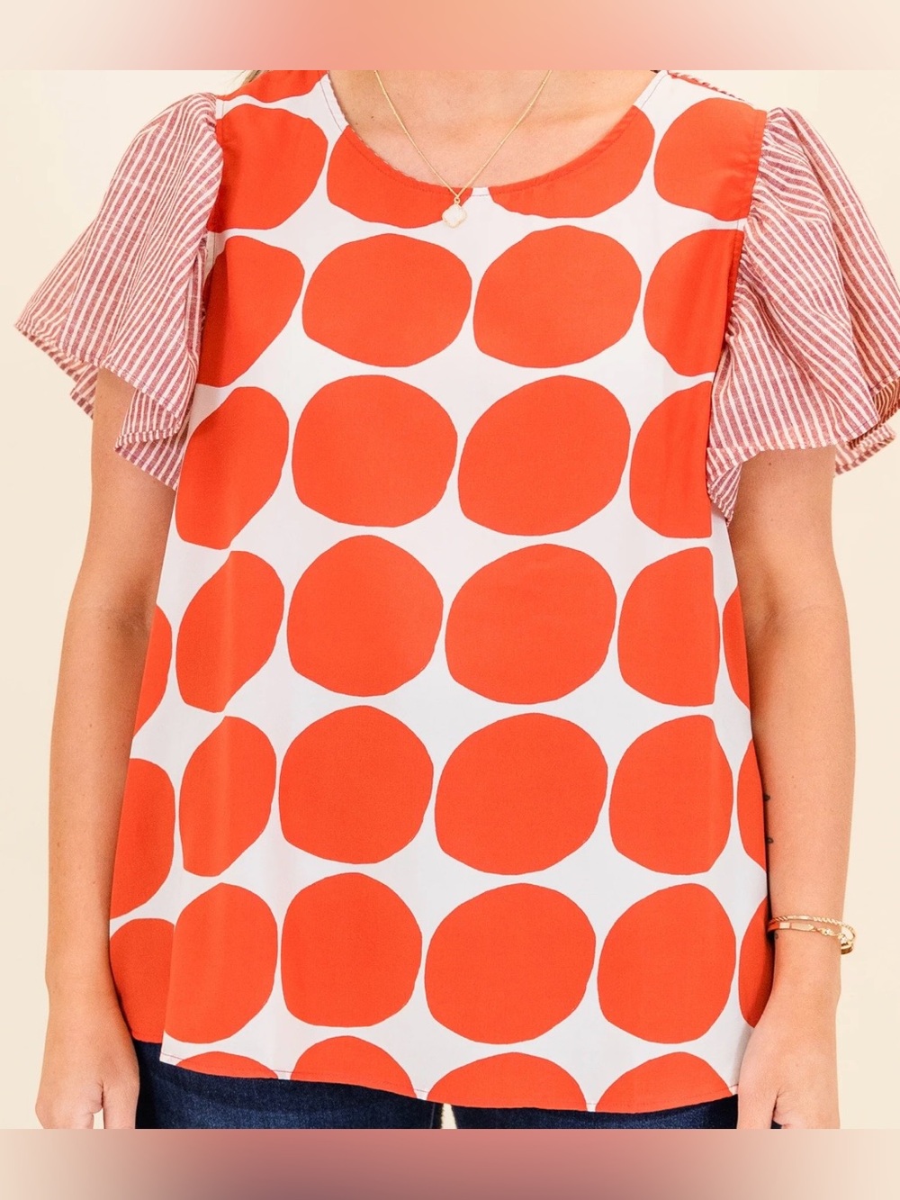 Ces Femme Striped Red and White Flutter Sleeve Blouse